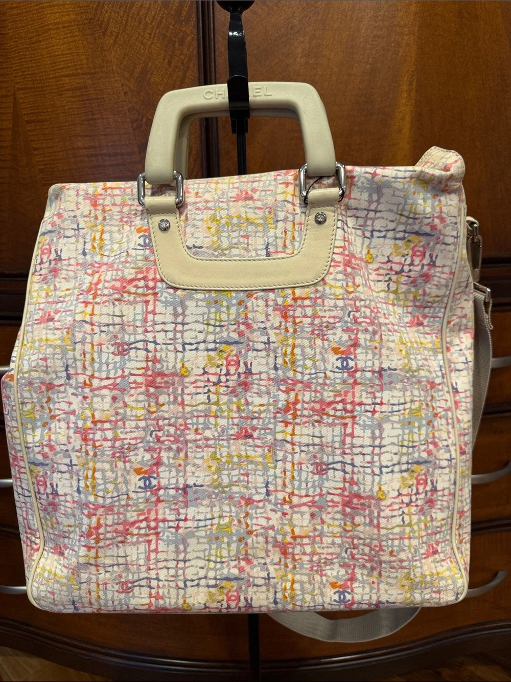 CHANEL Multicolor Printed Canvas Tote with Cream Leather Trim and Strap